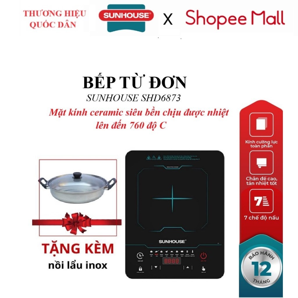 BẾP TỪ ĐƠN SUNHOUSE SHD6873_Tặng Kèm Nồi Lẩu Inox