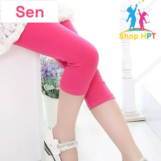 Quần legging lửng qua gối bé gái màu trơn phom ôm chất cotton co dãn 4 chiểu 22-41kg