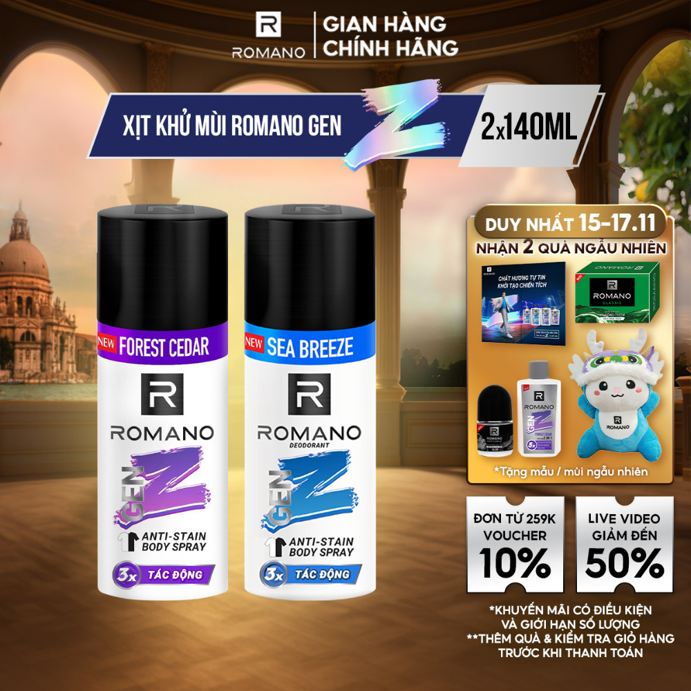 Combo 2 Xịt khử mùi ngăn vệt ố vàng Romano Gen Z ( 140ml x 2 )