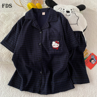 FDS Khăn choàng kẻ sọc cotton mùa hè mới Hello Kitty Bộ đồ ngủ nữ tay ngắn hoạt hình thoải mái cho sinh viên