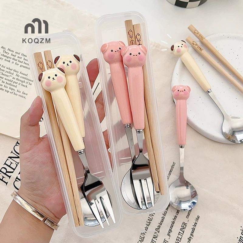 [Koqzm] Hoạt Hình Chó Con Heo Muỗng Nĩa Bằng Thép Không Gỉ Dao Kéo Di Động Sinh Viên Hoạt Hình Bộ Đồ Ăn Trẻ Em Bộ Hộp Bảo Quản [Mới]