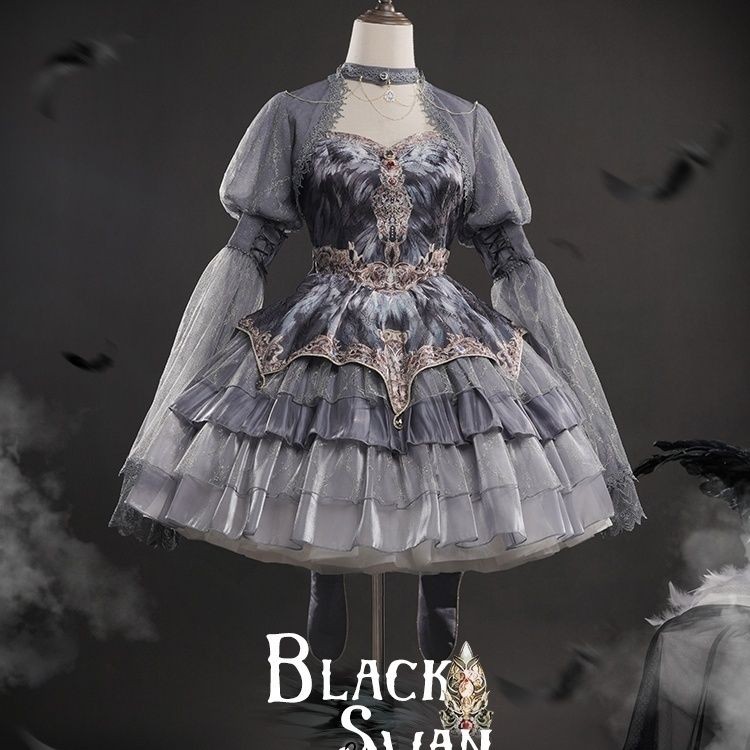 Gothic Sling Dress Swan Dance Song Màu Xám Lông Gothic Đầm Nhiều Lớp Bánh Váy Gothic Váy Gothic