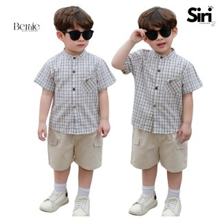  Set bộ sơ mi cổ trụ kẻ caro bé trai áo sơ mi cổ trụ phối túi kèm quần kaki 9-28kg Siri kids P1124B29 