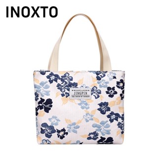  INOXTO Túi vải  Túi xách mỹ phẩm có dây kéo in hình vuông Túi xách nữ thông thường bằng vải Canvas phong cách nghệ thuật 