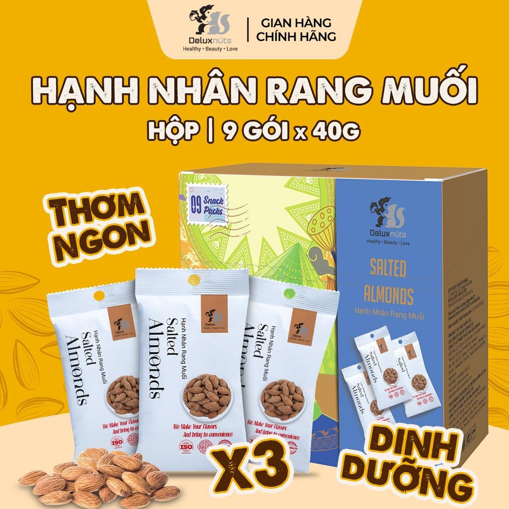 [Hỏa tốc] Hộp 9 Gói Hạnh Nhân Rang Muối Deluxnuts | Hạt Dinh Dưỡng, Snack Ăn Vặt (Tổng Trọng Lượng 360g)