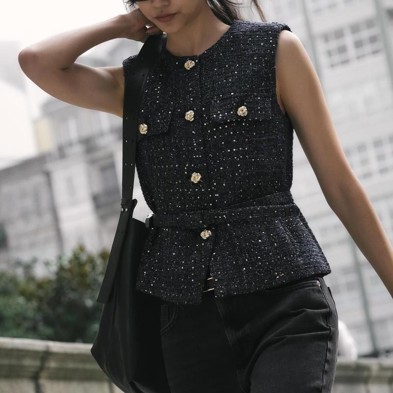 Áo gile Zara đủ tag Zara made in Morocco tweeds Thu Đông Không Tay Đính Kim Sa Lấp Lánh - nữ