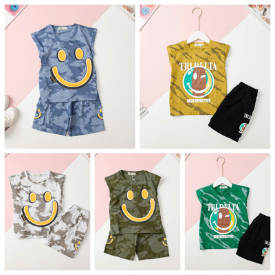 Bộ cotton Bé trai quần đùi LITIBABY sát nách loang mặt cười size 2 đến 8 tuổi