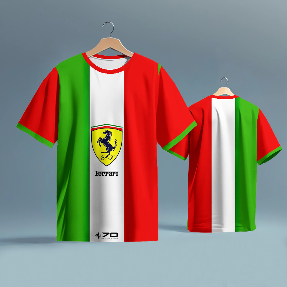 Áo thun họa tiết Logo ngựa Ferrari- Áo sơ mi Cotton lấy cảm hứng từ siêu xe Ý, phong cách đua xe cổ 