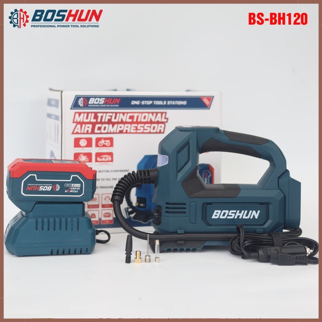 Máy bơm hơi pin BOSHUN BS-BH120, 120w, Nặng 940gram, Áp suất tối đa 120 psi, Màn hình led