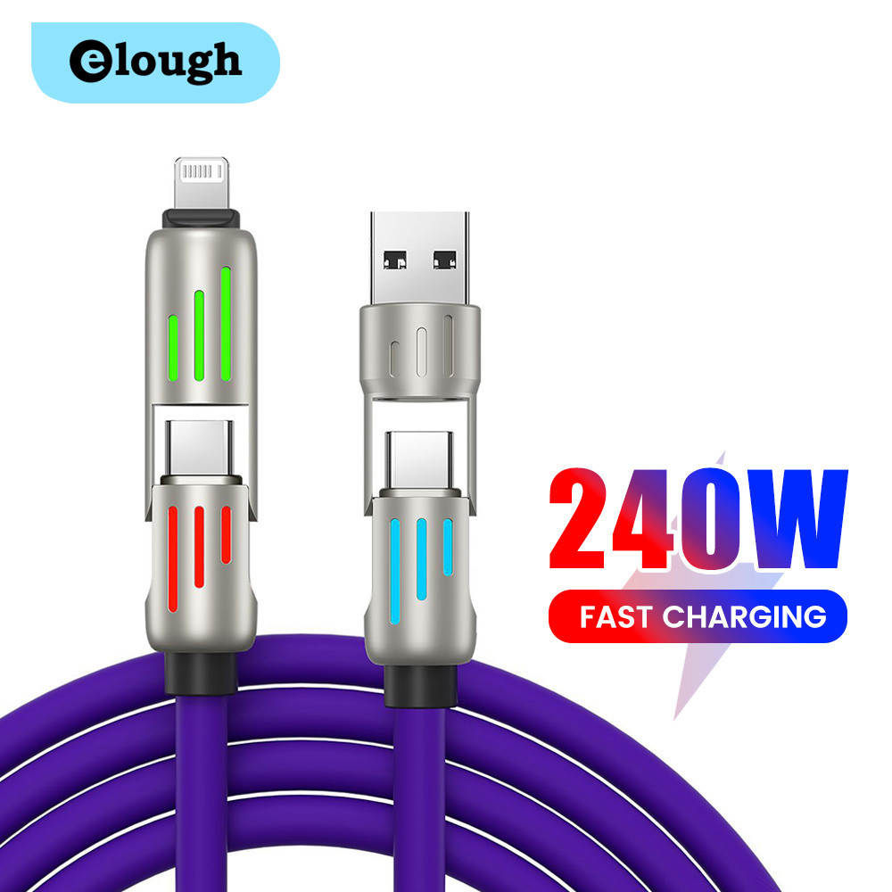 Elough 240W Cáp USB đầy màu sắc 4 trong 1 Sạc nhanh Điện thoại di động Loại C Dây cáp dữ liệu có đèn