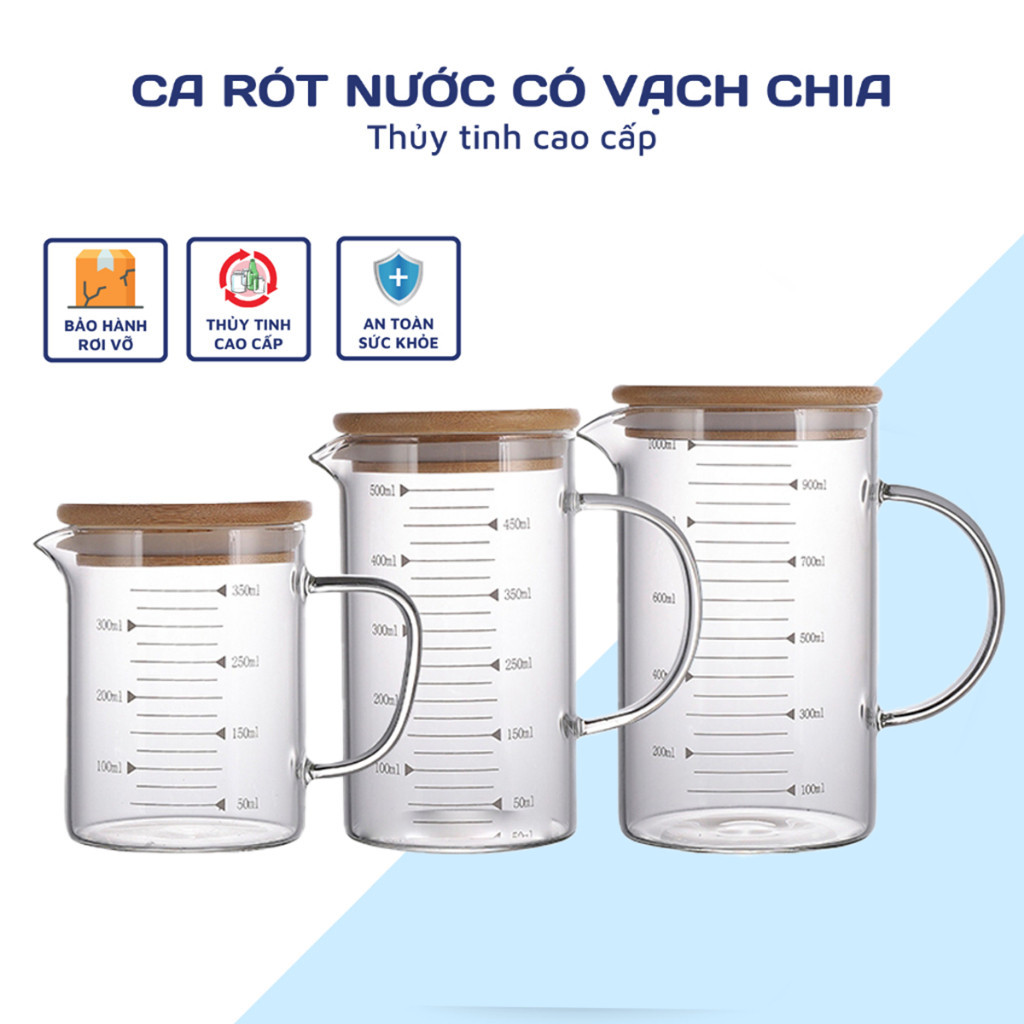 Cốc thủy tinh chia vạch có quai, ca thủy tinh chia dung tích bền đẹp - DA888