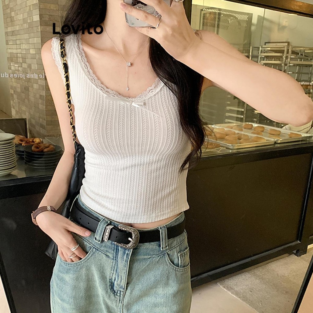 Áo dây Lovito nơ trước phối ren màu trơn thường ngày cho nữ LNE55235 | BigBuy360 - bigbuy360.vn