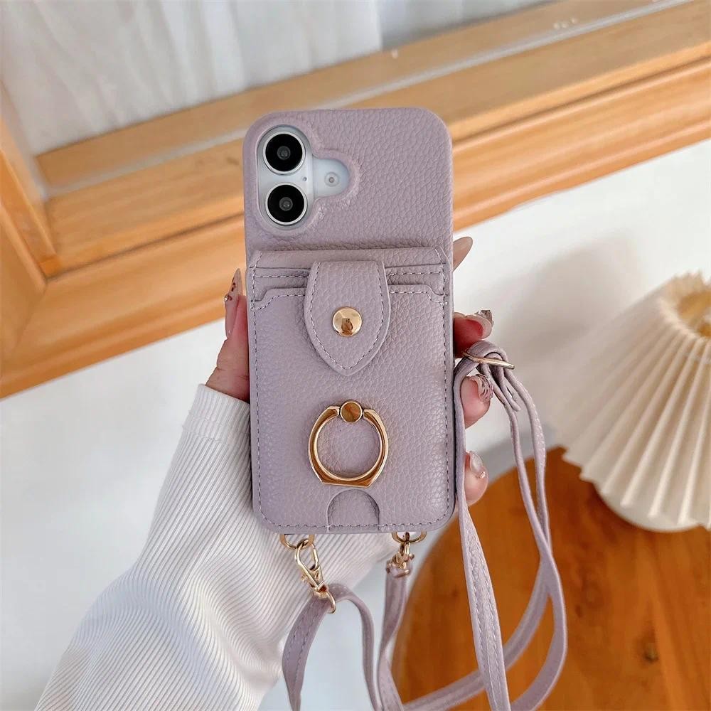 Ốp Điện Thoại Đứng Nhẫn Đeo Ngang Cho IPhone 16 15 Plus 14 11 Pro Max 13 12 Ví Gương Mini Có Đựng Thẻ Bao Da