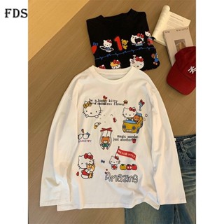 Fdsáo thun dáng rộng Tay Dài Áo thun cổ tròn dễ thương in hình Hello Kitty mùa thu cho nữ thiết kế Ngọt Ngào Màu trắng phù hợp với mọi người