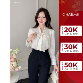 Áo sơ mi nữ dài tay cổ nơ Charme 208043 phong cách công sở thời trang chất vải lụa ngọc mát mịn