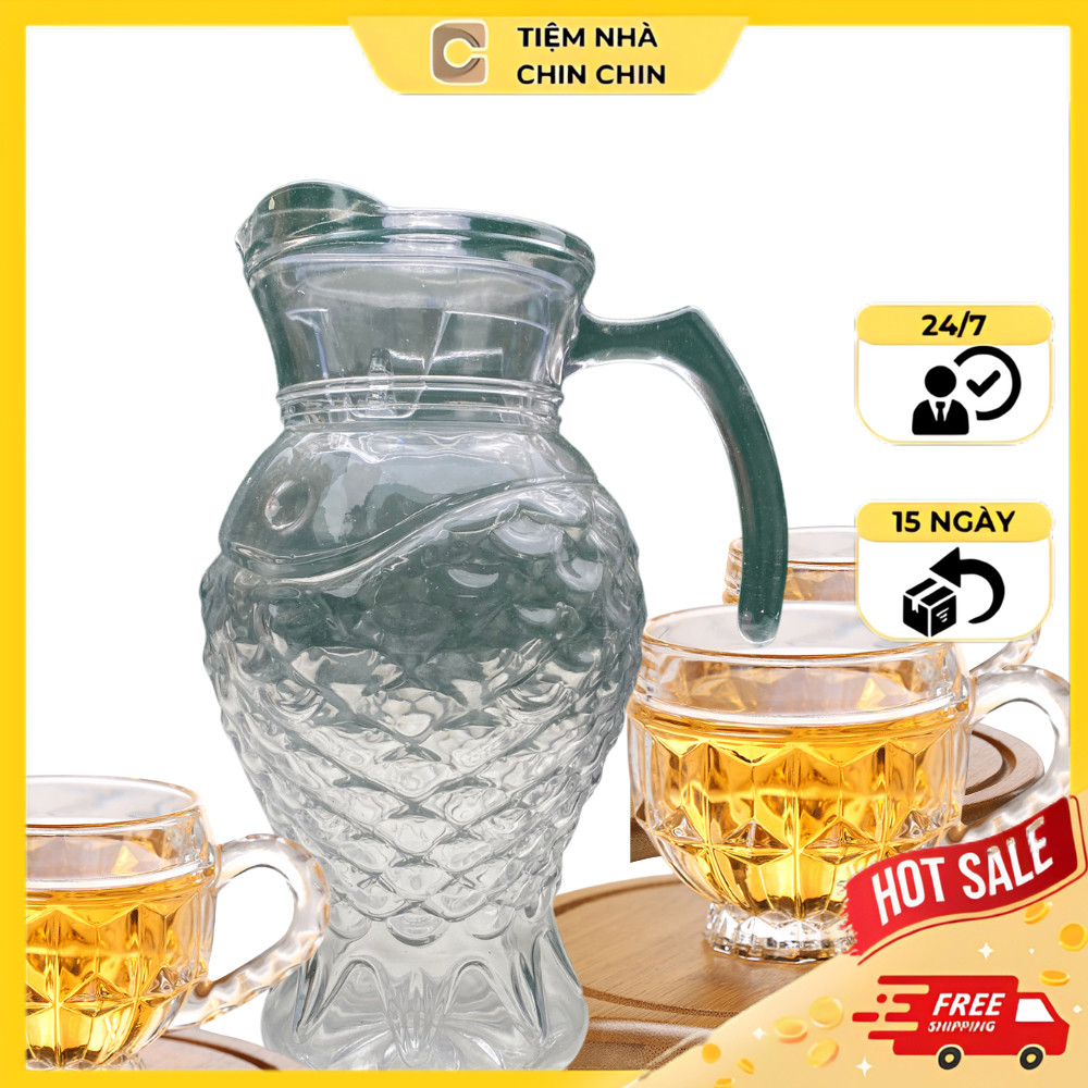 Bình Thuỷ Tinh Kèm 6 Ly Hoạ Tiết Vảy cá cứng cáp Để Bàn Phòng Khách, Bộ Bình Ly Thuỷ Tinh Chịu Nhiệt