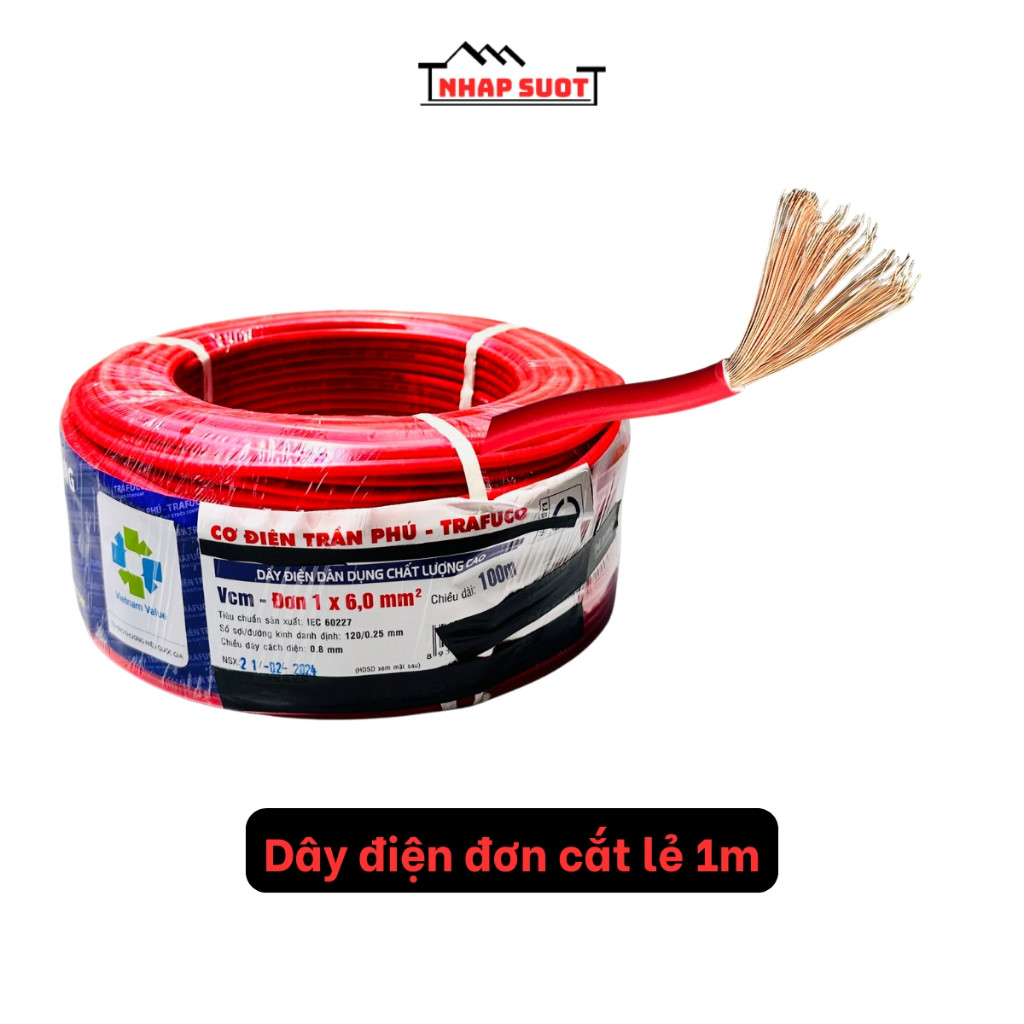 [1 mét] Dây điện Trần Phú chính hãng, dây đơn mềm VCm 1x6, 1x10, lõi đồng nhiều sợi xoắn