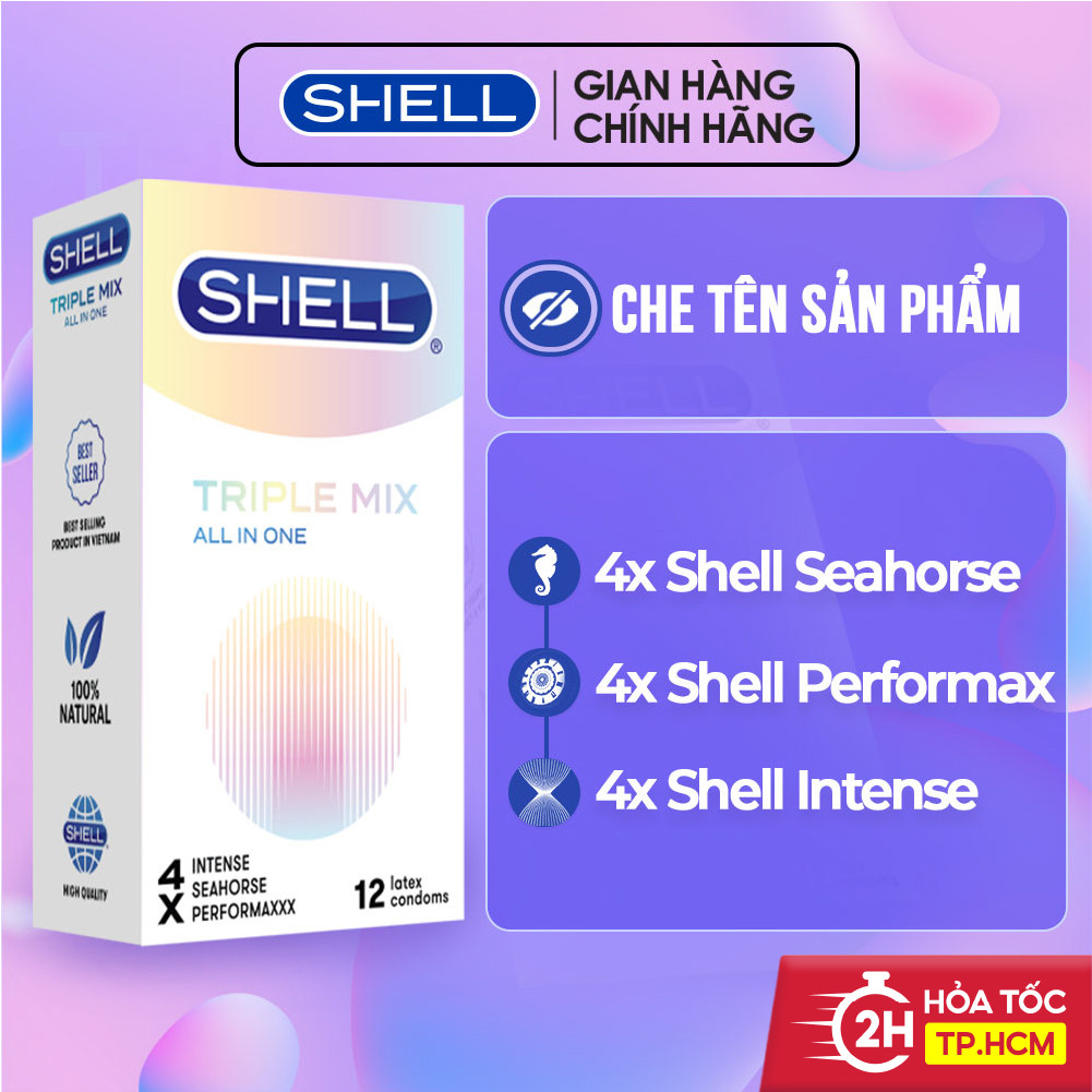 Bao cao su Shell Triple Mix siêu mỏng, mát lạnh, gân gai - Hộp 12 cái | SHELL CHÍNH HÃNG
