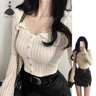 Crlnhc Cổ Vuông Ren Chắp Vá Áo Dài Tay Nữ Gợi Cảm Ôm Dệt Kim Vn