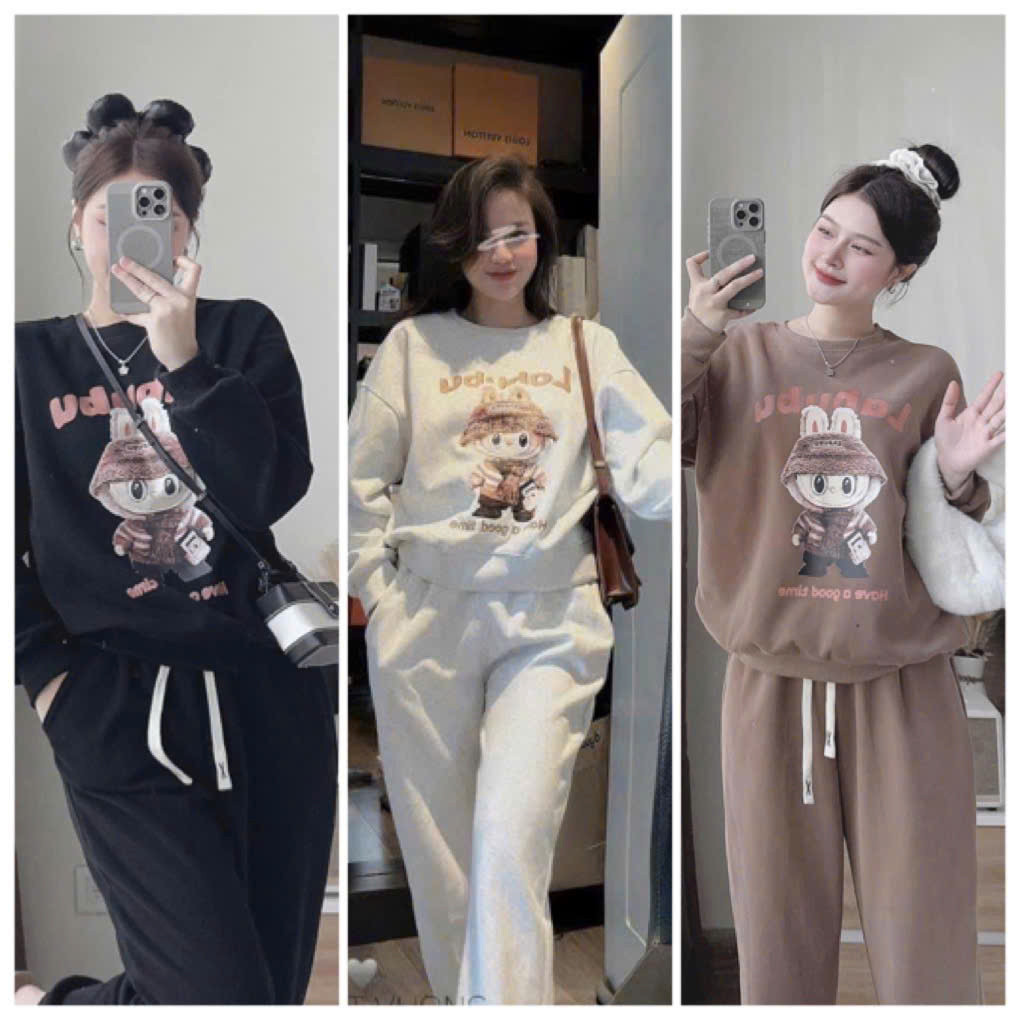 Bộ nỉ 2 da LABUBU , bộ nỉ cổ tròn 3 màu nữ