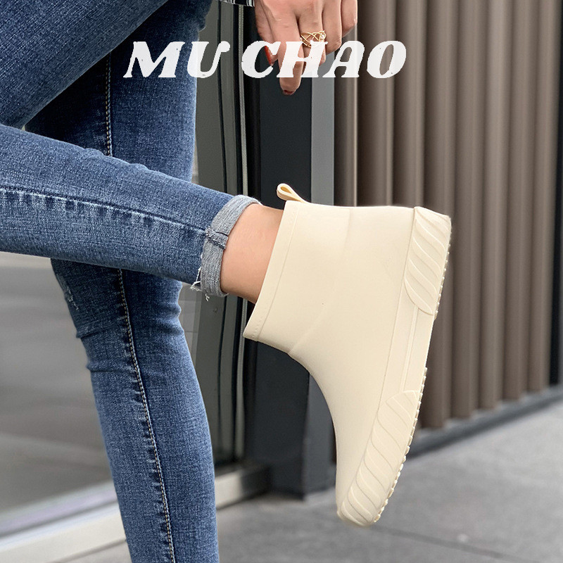 Muchao Nữ Phong Cách Mới Màu Trơn Đơn Giản Giày Đi Mưa Ống Ngắn Chống Trơn Trượt Chống Mài Mòn Chống Thấm Nước