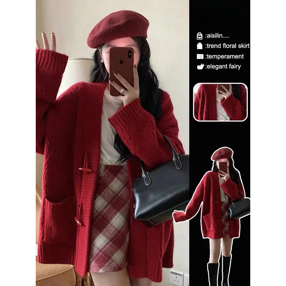 Áo cardigan Áo len giáng sinh tết đỏ màu Đỏ Mùa thu mới dệt kim mùa thu và mùa đông | BigBuy360 - bigbuy360.vn
