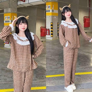 Bộ Đồ Ngủ Kẻ Caro Cổ Tròn Ren Nơ Xinh Xắn Áo Tay Dài Quần Dài BIG SIZE Nhà Pink [ HÀNG CAO CẤP]