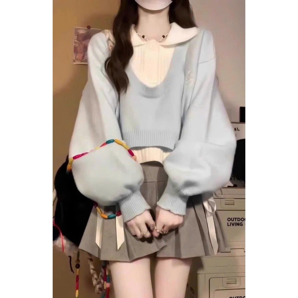 Áo len thu đông set 2 món thiết kế cổ sơ mi phối tay bồng hottrend HMH SP242 | BigBuy360 - bigbuy360.vn