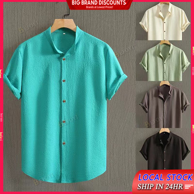Áo sơ mi vải lanh nam thường ngày hàng đầu phiên bản Hàn Quốc hợp thời trang màu trơn vừa vặn tay ngắn màu trơn nhiều lựa chọn M-5XLTJH001