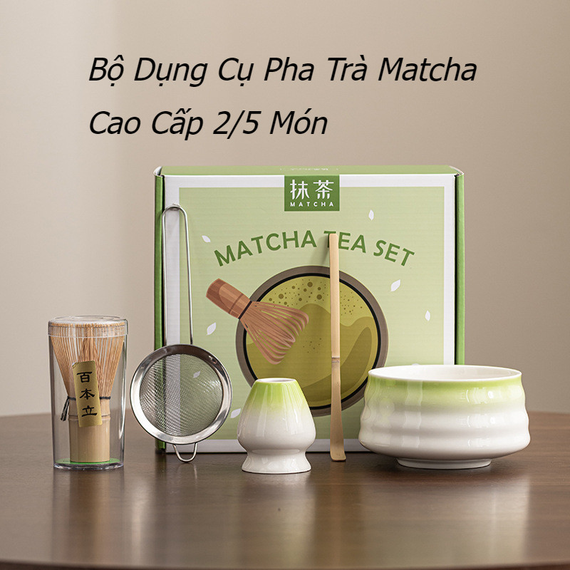 Bộ dụng cụ 2/5 món pha matcha gồm Bát đánh matcha,Bộ Dụng Cụ Pha Chế Matcha Cao Cấp,Chổi tre