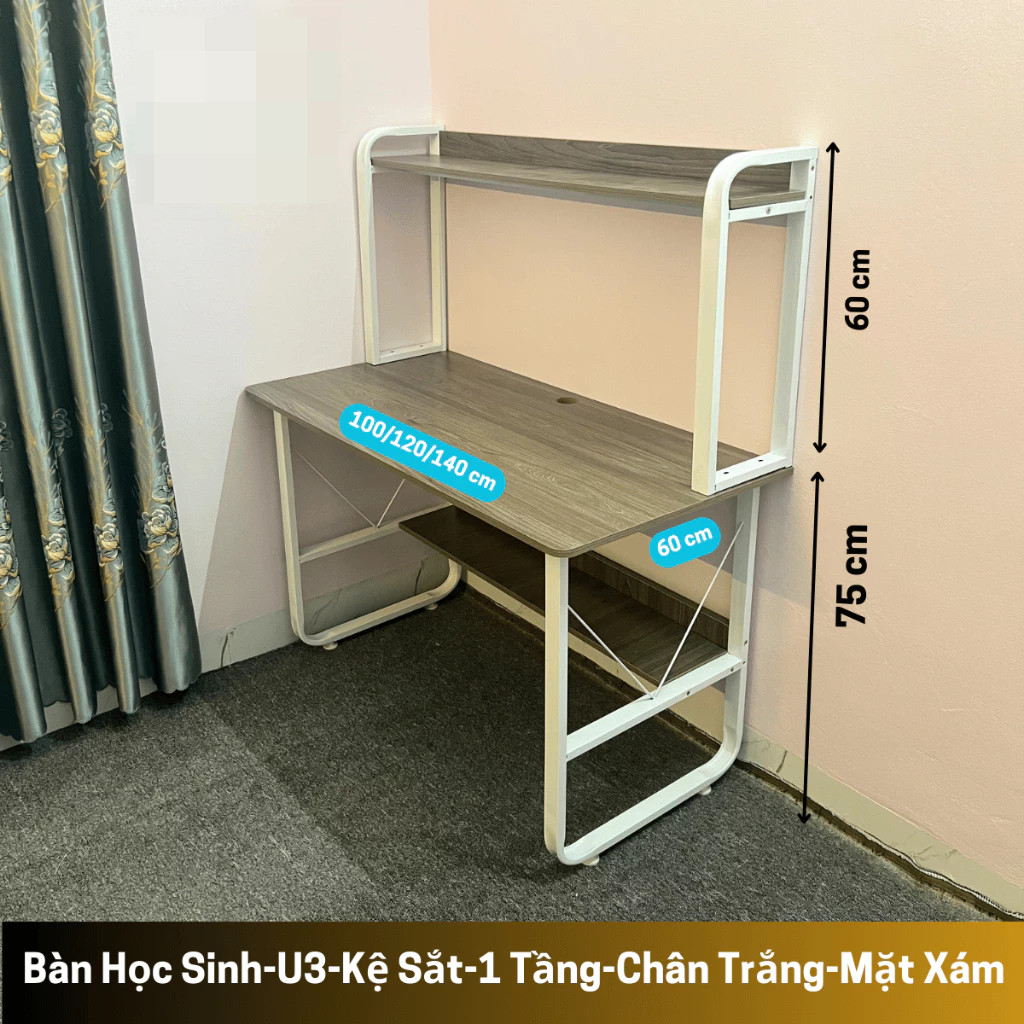 Bàn làm việc kệ sách, Bàn học 2 tầng kệ lửng, bàn chân sắt sơn tĩnh điện mặt gỗ MDF dày 15mm, màu sắc đa dạng | BigBuy360 - bigbuy360.vn