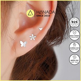 Bông Tai Bạc 925 Hanada Bông Nụ Hoa Nhí Không Đá Đơn Giản Set Bông Tai Mini Đeo Vành Tai 1029 C9