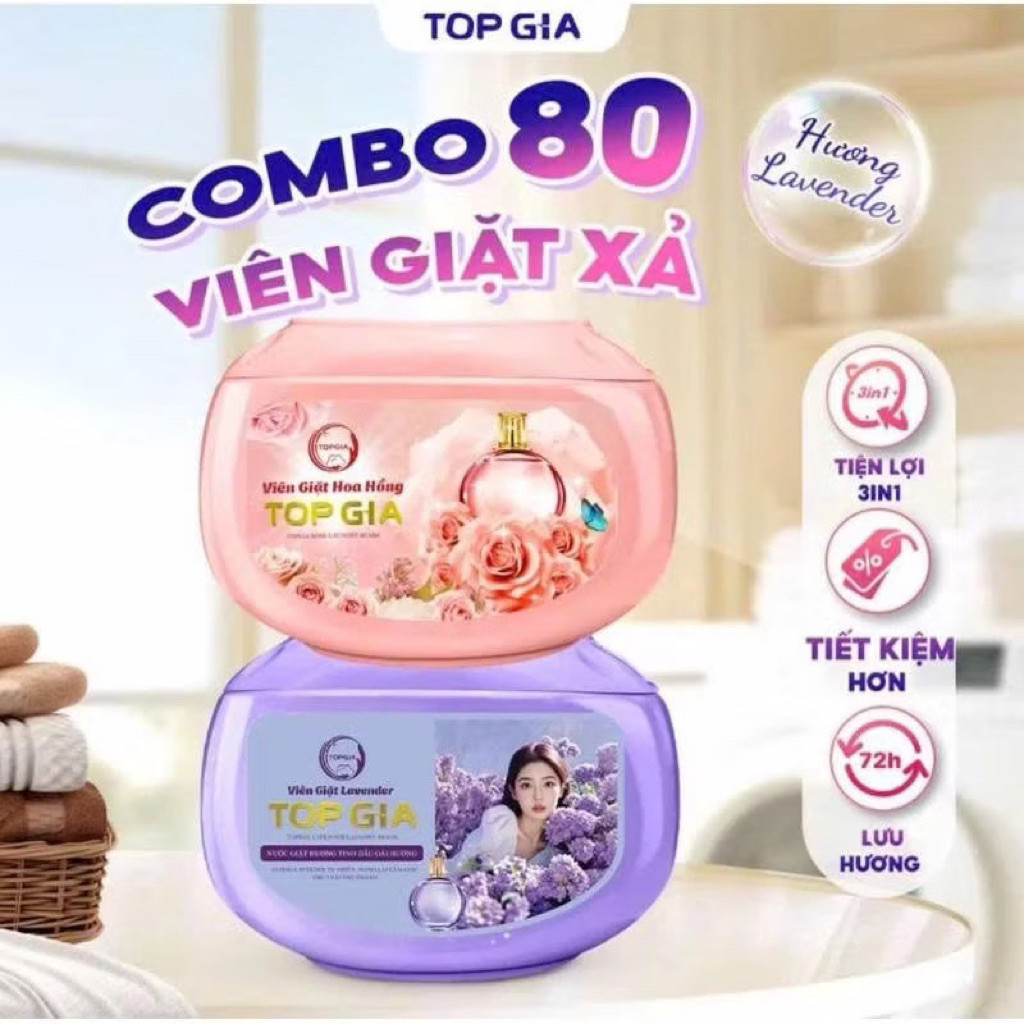 Viên giặt xả 3in1 hộp 40 viên – Hương hoa hồng & Lavender thơm ngát, diệt khuẩn 99.99%  LaLaHome