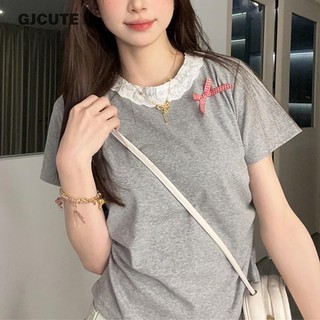 Gjcute Áo thun nữ cổ chữ O mùa hè tay ngắn đáy Áo sơ mi tối giản Áo dáng rộng Áo nữ WTD