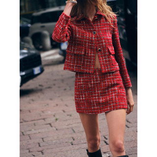  Áo Blazer Zara made in Morocco dạ tweed đỏ và chân váy cùng bộ 