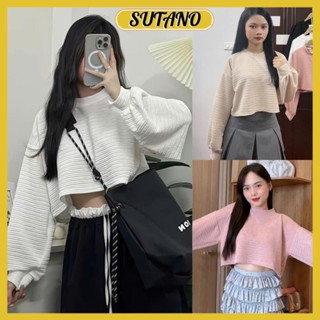 Áo thun nữ croptop xốp nhăn form rộng tay tay bồng áo thun dài tay cổ tròn trẻ trung phong cách Hàn Quốc A540 SUTANO