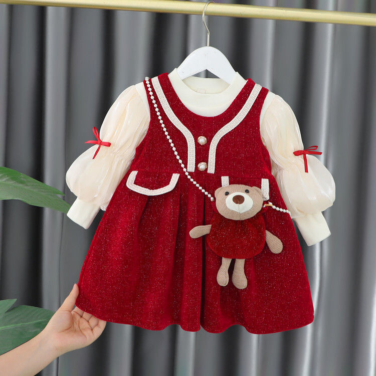 Baby Girl Winter Fleece Lining Princess Dress Birthday Red Dress Girl Dress Two-Piece Set Infant Sui