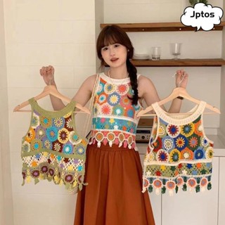 Áo Vest Dệt Kim JPTOS, Áo Crop Top Nữ Không Tay Ngắn, Tua Rua Móc Bohemian Cổ Tròn Đi Biển