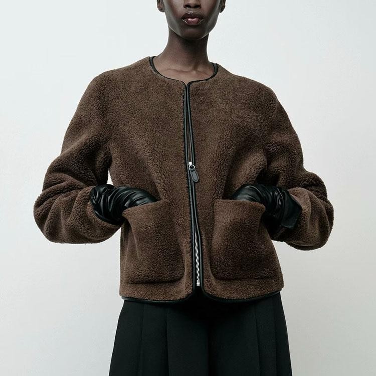 áo khoác lông Zara made in Morocco khóa kéo đen nổi túi ốp trẻ trung nữ