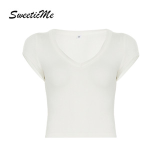 SweeticMe Áo Nữ 2025 Thời Trang Cổ Chữ V Màu Trơn Slim Fit Đan Áo Thun Tay Ngắn Daily Wear