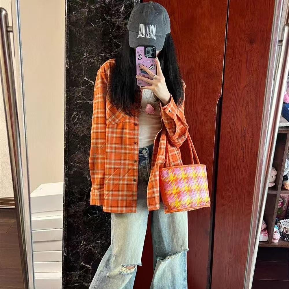 Kii Wii Áo sơ mi nữ dài tay kẻ sọc màu cam dáng rộng mùa hè 250417 | BigBuy360 - bigbuy360.vn