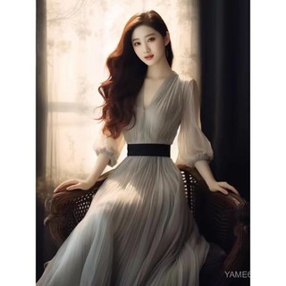 K4477 phim truyền hình Hàn Quốc mặc váy dài khí chất sang trọng và xinh đẹp, váy liền màu xám nhạt trang nghiêm và khí chất cao cấp, mẫu đầu xuân cho trẻ em ZHC7