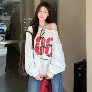 Hàn Quốc áo hoodie nữ Bigsize trơn áo lệch vai tay dài Màu xám trễ vai tay dài 🚢