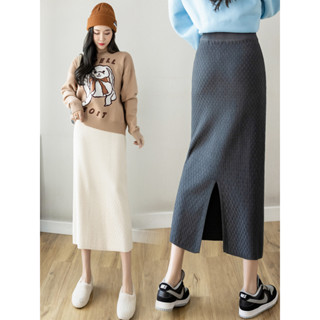 Chân váy dệt kim Jiashucheng chân váy ôm mông xếp ly thường ngày sọc hầm hố mẫu mới mùa thu đông cho Nữ Chân Váy Len Xẻ Tà dáng dài vừa