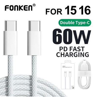 Fonken PD 60W USB-C sang USB C Cáp sạc nhanh Loại C Dây dữ liệu cho iP / trau dồi 16 Pro Max 15 Plus