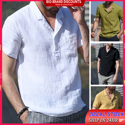 Áo sơ mi nam BEFOYI vải linen tay ngắn cổ V ôm vừa vặn màu trơn vintage thường ngày mùa hè S-3XL
