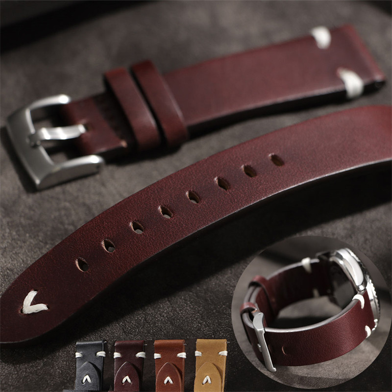 Vintage Chính Hãng Da Dây Đeo Đồng Hồ 18 19 20 21 22 Mm Handmade Sáp Dầu Da Bò Vòng Tay Phát Hành Nh