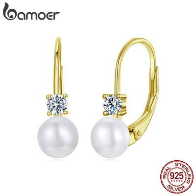 Bamoer 925 Sterling Sliver Vòng Bông Tai Moissanite Ngọc Trai Màu Vàng Trang Sức Quà Tặng Cho Nữ