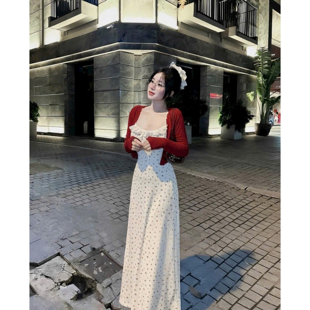 Set 2 món váy hai dây hoa nhí xuông dài kèm áo khoác