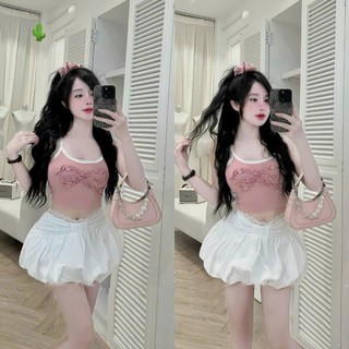 Set Bộ Áo Hai Dây Viền Thêu Nơ Bèo Croptop Kèm Chân Váy Nơ Bí Phồng